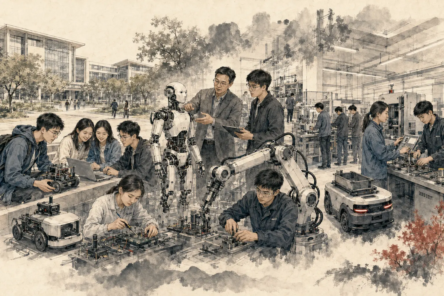 현대 중국 대학과 직업교육 실습장에서 학생들이 로봇·인공지능 하드웨어를 제작하는 수묵화