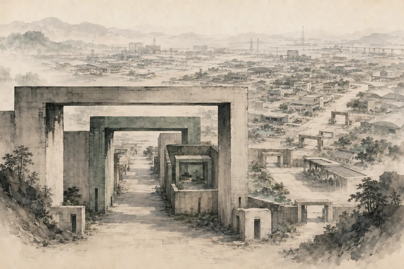 서로 다른 세 개의 시장진입 관문과 진입 후 규제회랑을 그린 현대 수묵화