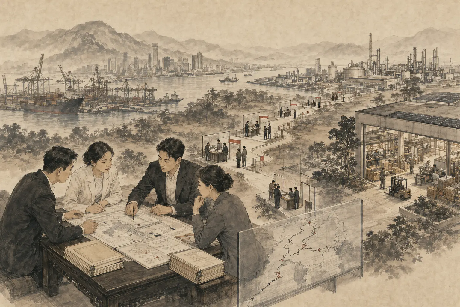 시장진입 문서와 산업도시 사이의 여러 규제 관문을 확인하는 한중 기업팀을 그린 현대 수묵화